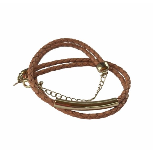 Loft Brown Faux Leather Braided Rope Bracelet with Gold Tone Trim Design - Picture 2 of 4
